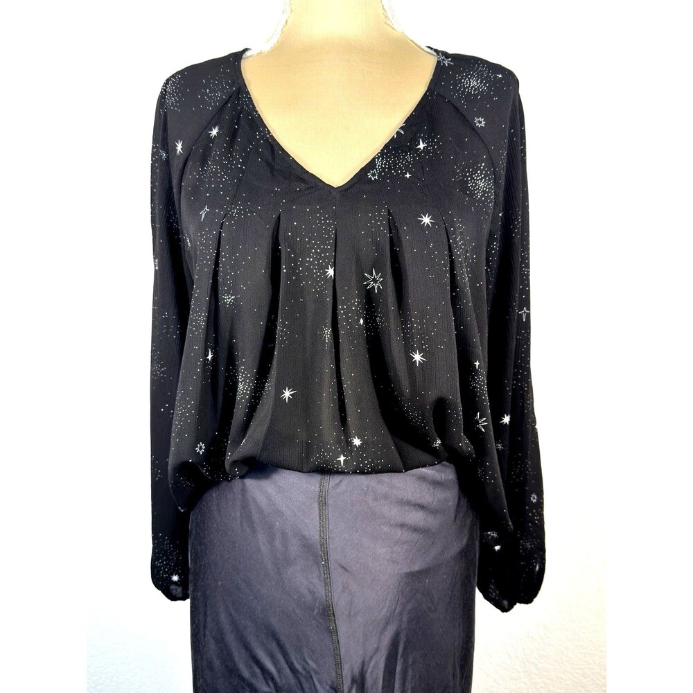 Women Blouse Large Black Celestial Star Print Sheer Whimsigoth Witchy Top